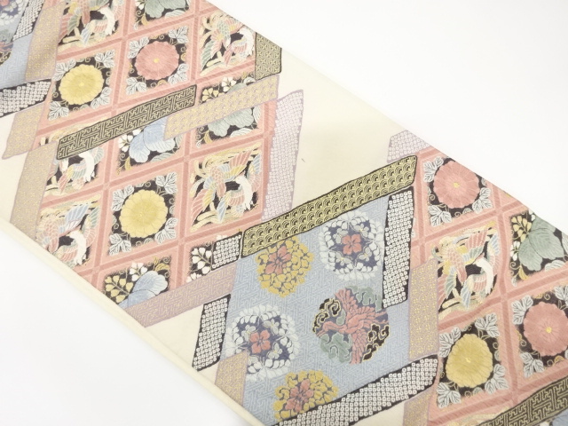 アンティーク　斜め格子に菊・桐模様織り出し袋帯（材料）